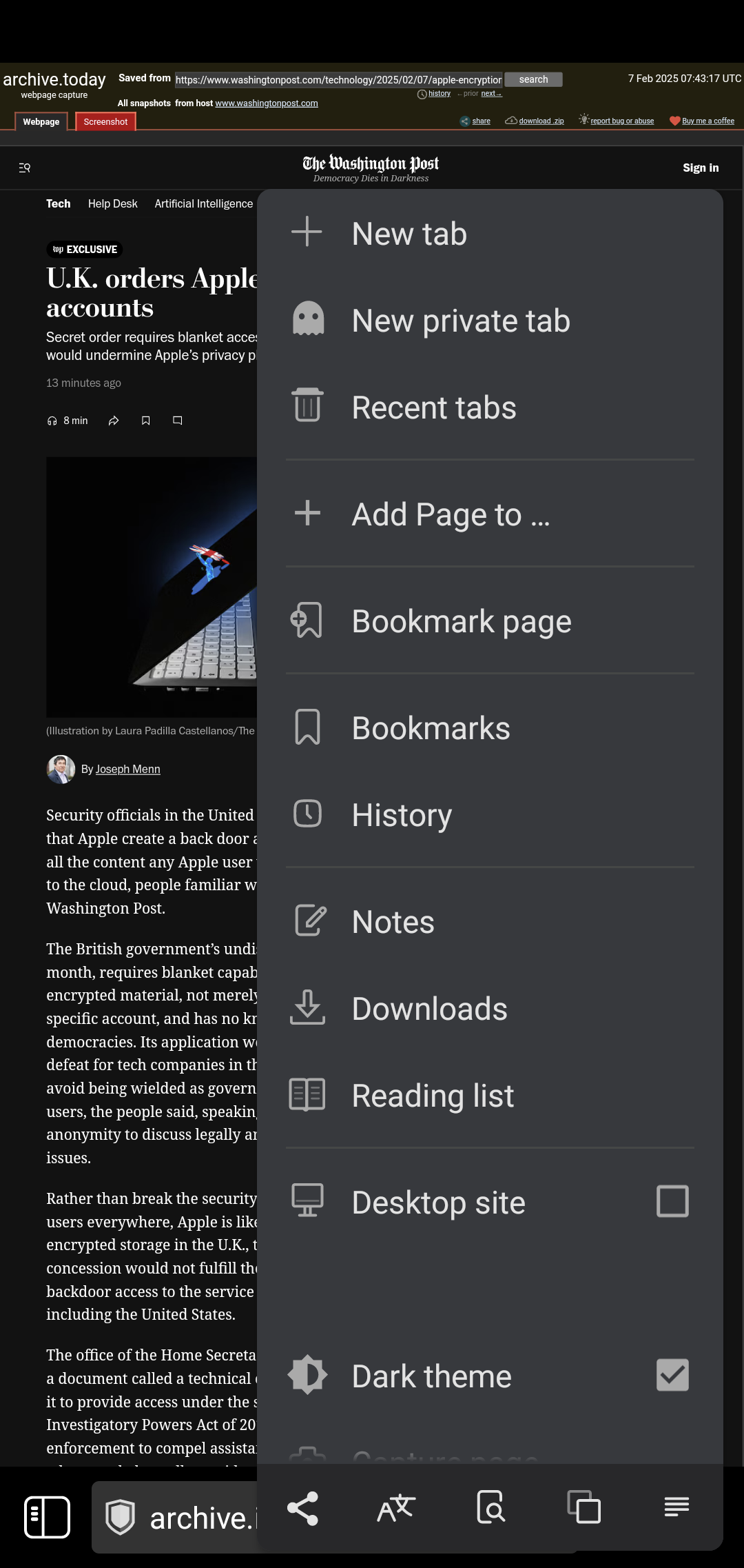 Vivaldi Android Reader View menu item glitch