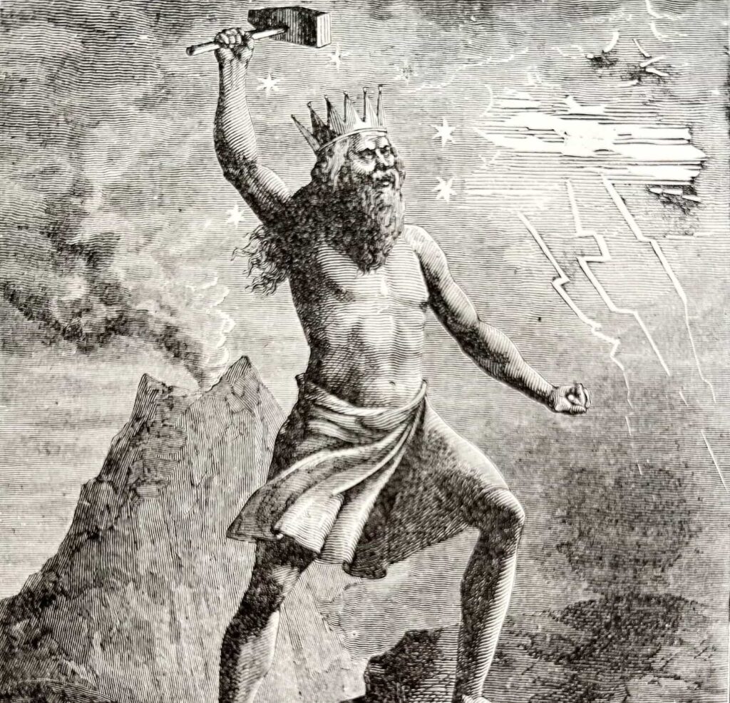 Thor with crown and halo of stars, wood engraving from the 1887 book βSea and land: an illustrated history of the wonderful and curious things of nature existing before and since the delugeβ by James William Buel